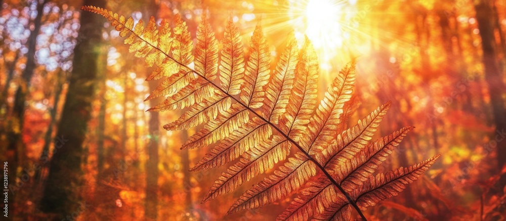 Aufkleber Autumn forest scene featuring vibrant orange fern leaf with sunlight filtering through trees creating a warm atmosphere Copy Space