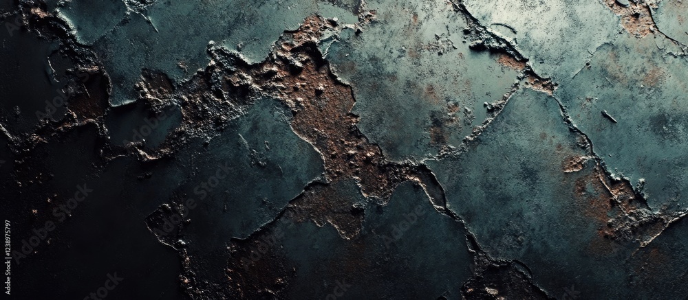 Poster Textured dark surface with rust and peeling paint showing distressed and weathered details, ideal for backgrounds and design elements. Copy Space