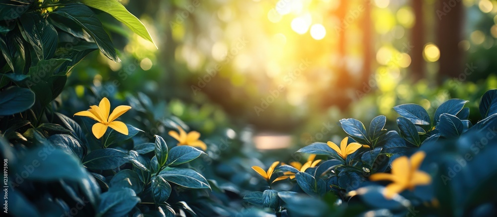 Poster Lush green foliage with yellow flowers illuminated by sunlight in a serene nature setting with soft bokeh effect Copy Space