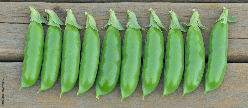 Poster Fresh green snap peas arranged in a row on a wooden surface with copy space for text