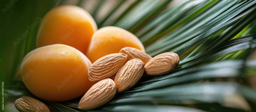 Poster fresh apricots and almonds arranged on green palm leaves with natural lighting and soft focus copy s