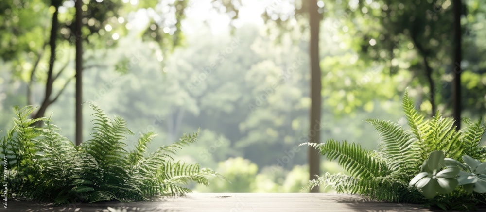 Poster lush green ferns foreground with a blurred forest background and soft sunlight copy space