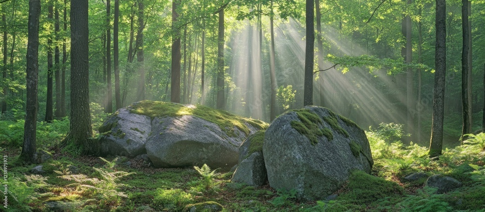 Poster peaceful forest scene with sunlight streaming through trees illuminating moss-covered rocks and fern