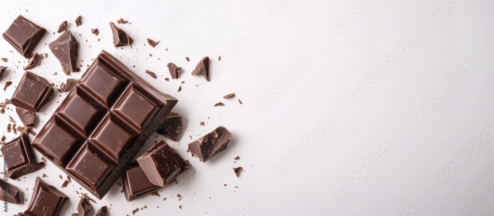 Poster Chocolate bar pieces scattered on a white background with copy space for text or other design elements.