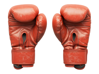 A pair of worn red leather boxing gloves iisolated on transparent background, PNG, cut out. The gloves are slightly faded and worn, but the laces are still tight