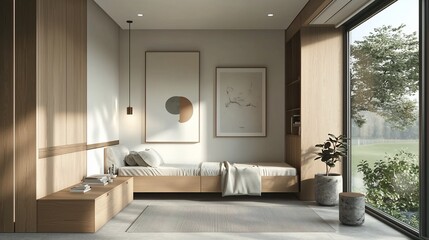 Minimalist bedroom design, sunlit, tranquil view