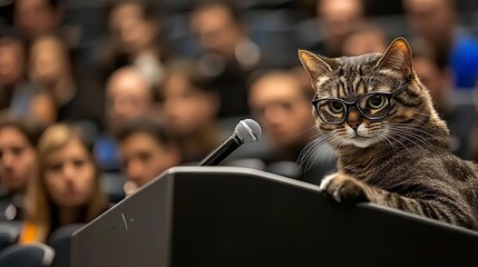 A cat confidently leading a presentation. petfluencer, business, professionals, investors, stock market scenarios, conferences.