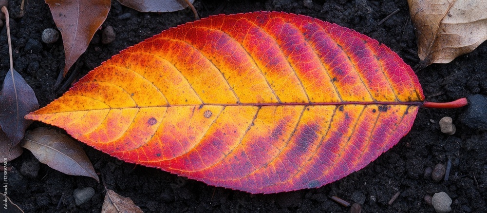 Poster close-up of a vibrant autumn leaf in shades of yellow and red resting on dark soil, featuring intric