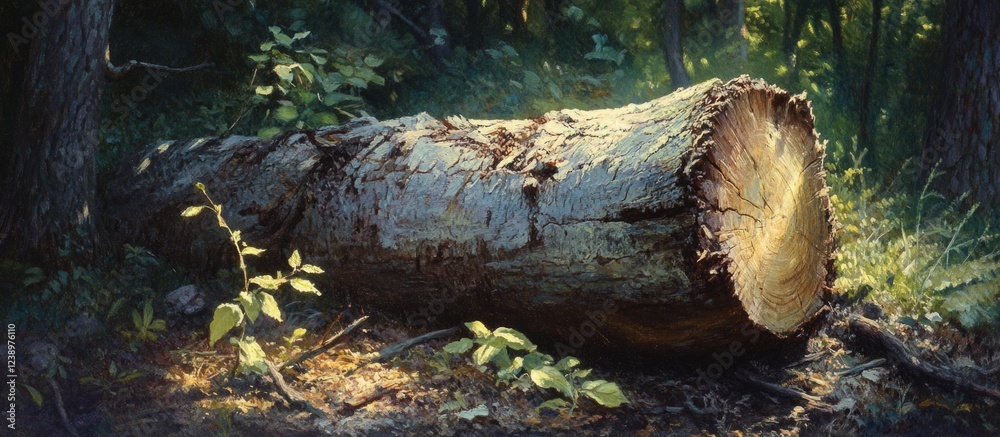 Poster Felled tree trunk in forest surrounded by greenery with dappled sunlight illuminating the scene Copy Space