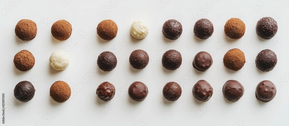 Leinwandbilder assorted gourmet chocolate truffles arranged in neat rows on a white background copy space