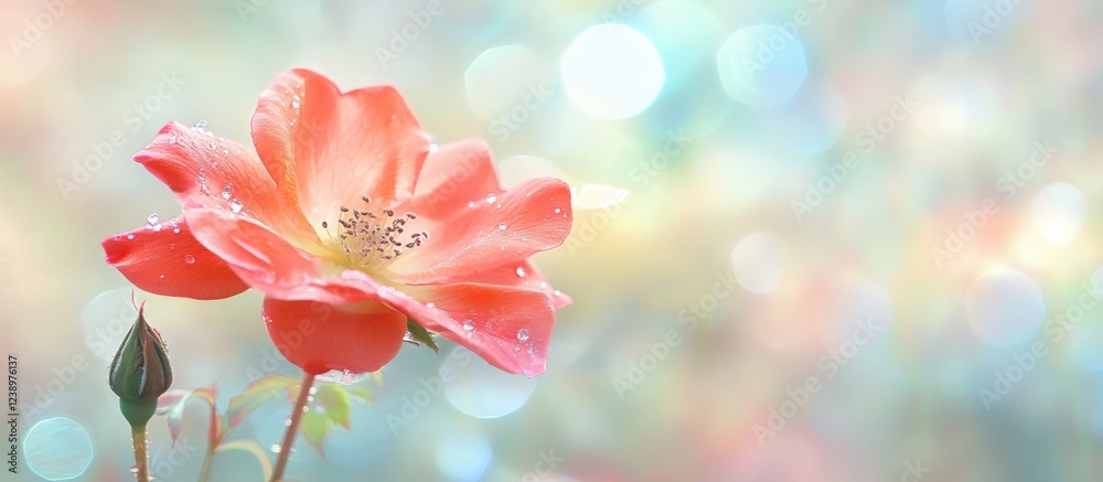 Poster close-up of a vibrant orange rose with water droplets against a soft bokeh background featuring past