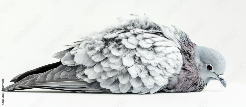 Poster Gray pigeon with soft feathers lying on a light background showcasing details of plumage and form. Copy Space available.