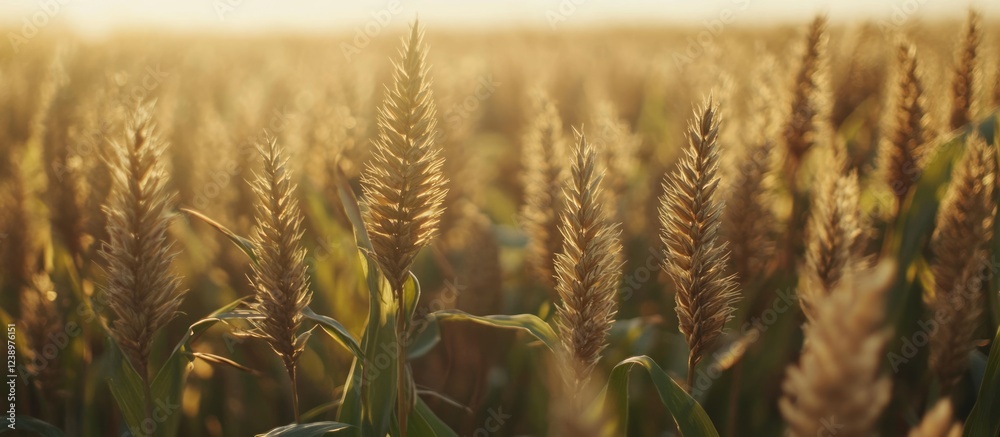 Poster golden wheat field at sunset with stalks illuminated by warm light and blurred background for copy s