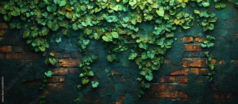 Poster lush green ivy cascading over aged brick wall texture with rich colors and natural patterns suitable