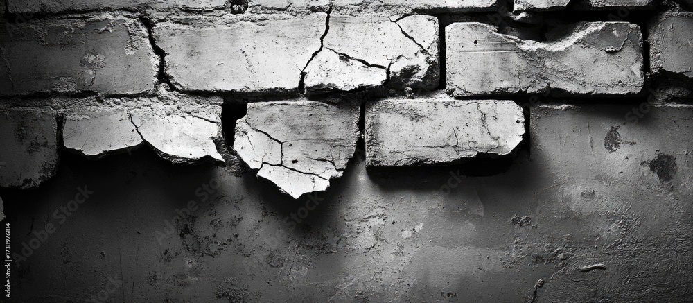 Poster textured cracked white brick wall background in monochrome tones with shadows and highlights, suitab