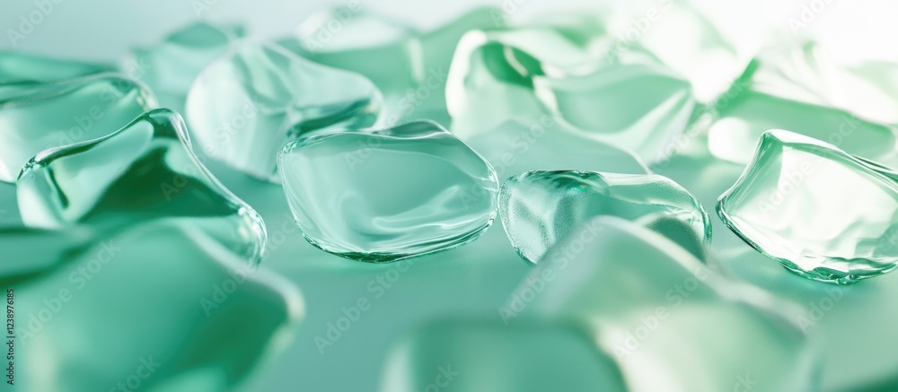 Poster translucent green glass pebbles scattered on a light background with soft reflections and blurred ed