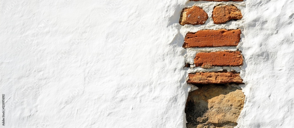 Poster Textured wall with exposed bricks and rough plaster in white background with a gap showing stone base and brick layers. Copy Space
