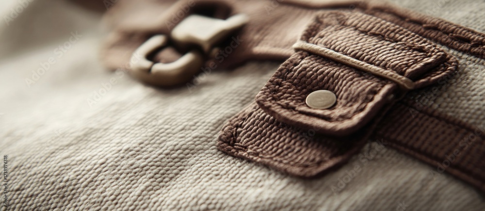 Poster Close-up detail of a fabric texture featuring stitched pocket with button and metal clasp on light background Copy Space