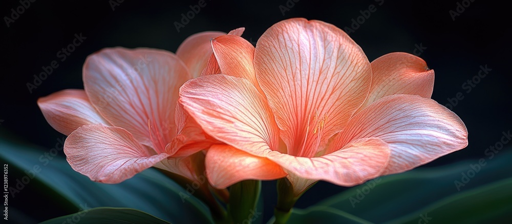 Poster peach colored flowers with delicate petals and leaf background captured in natural light with dark b