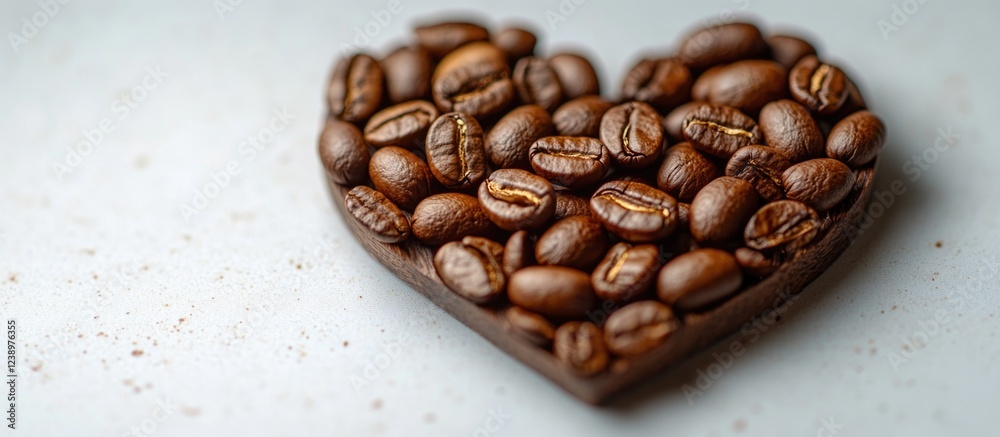 Poster heart-shaped arrangement of roasted coffee beans on a textured background with copy space for text.