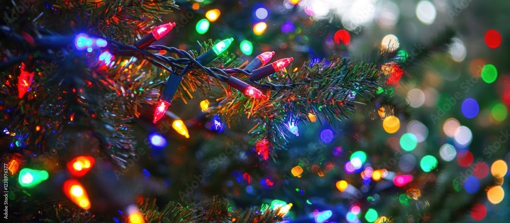 Aufkleber colorful christmas lights illuminating evergreen branches with blurred background and bokeh effect c
