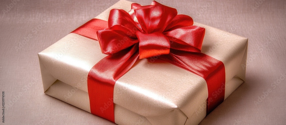 Poster gift box with red ribbon on beige background suitable for various occasions including holidays and c