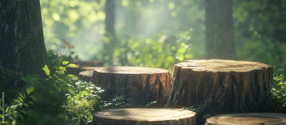 Poster wooden tree stumps in a serene forest with sun rays filtering through green foliage and plants aroun