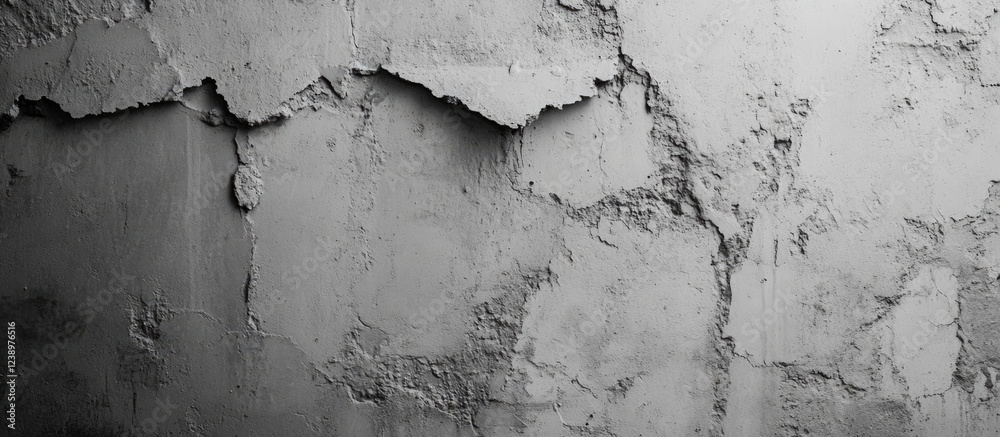 Poster textured gray concrete wall with peeling layers and cracks suitable for backgrounds and architectura