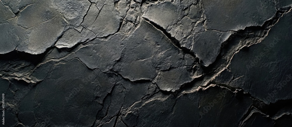 Aufkleber Dark cracked stone surface texture with uneven patterns and deep crevices useful for background or design purposes Copy Space