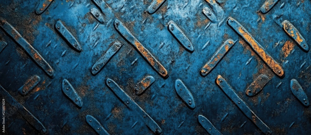 Poster blue metal diamond plate texture with rust and dirt elements suitable for industrial backgrounds and