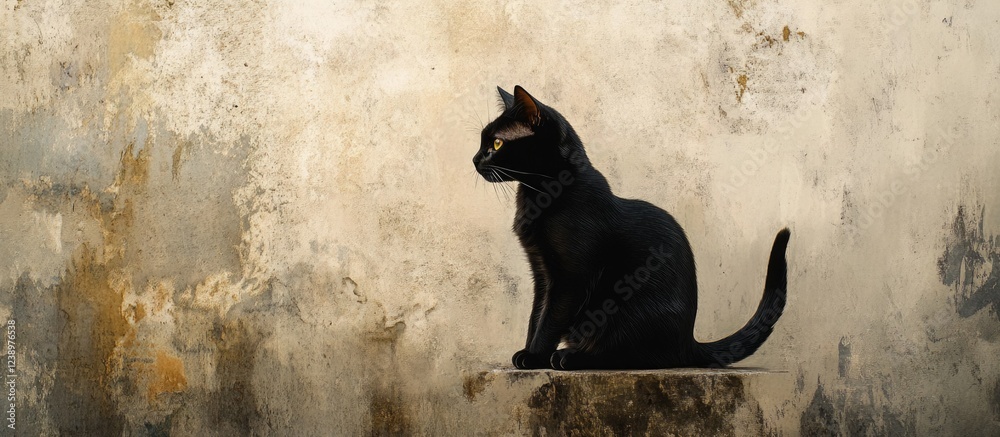 Aufkleber Black cat sitting against textured wall with muted colors and subtle patterns suitable for various design applications. Copy Space