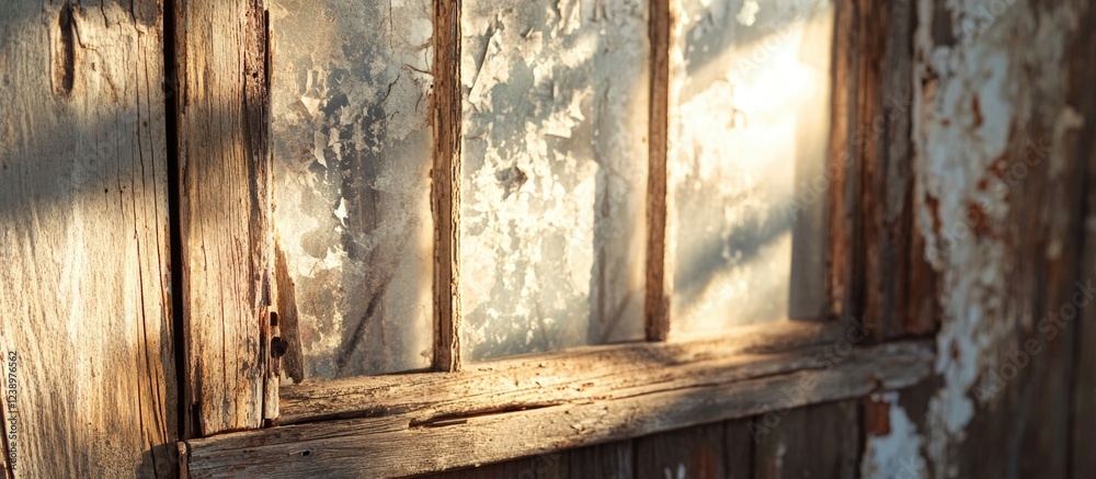 Poster close-up of weathered wooden window with cracked glass illuminated by soft sunlight showcasing rusti