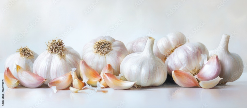 Poster fresh whole garlic bulbs and cloves arranged on a white background with soft lighting copy space