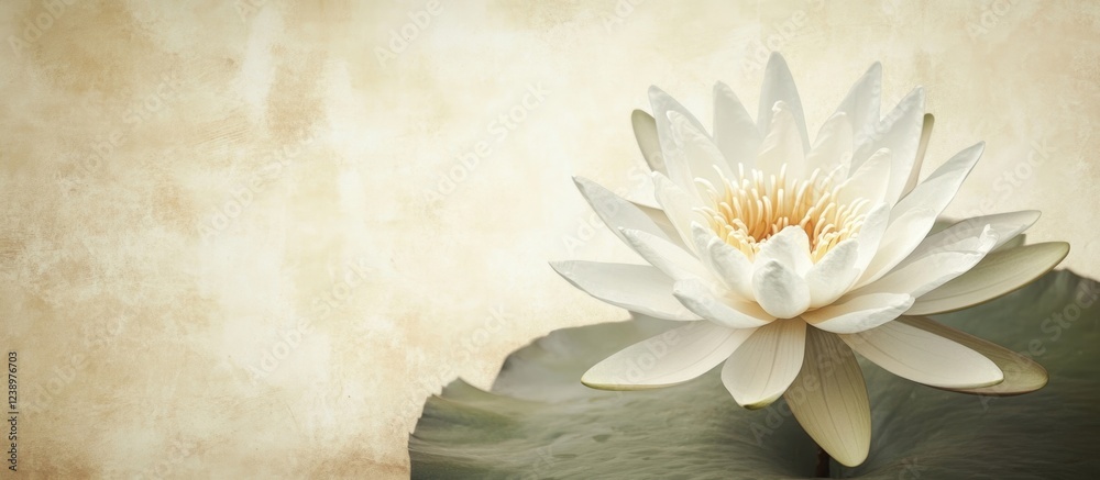 Poster White lotus flower on a green leaf with a textured beige background and ample copy space for text
