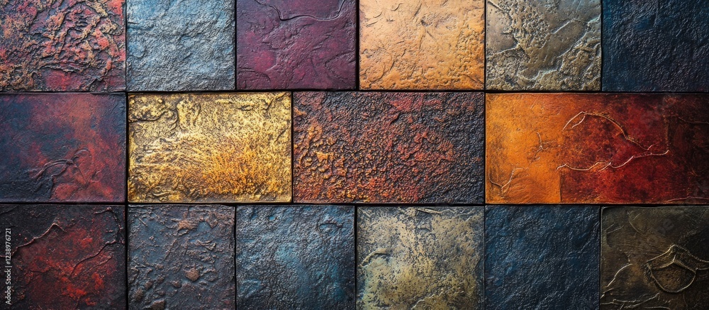 Aufkleber Colorful textured stone tiles arrangement with variations in hue and surface details suitable for background or design applications Copy Space