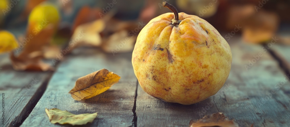 Poster yellow quince fruit on rustic wooden table surrounded by autumn leaves with copy space for text.
