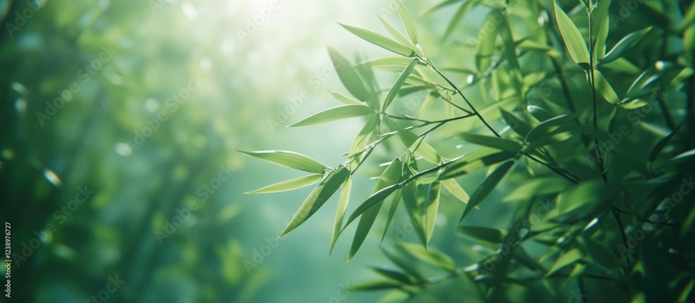 Poster green bamboo leaves with soft sunlight filtering through a misty atmosphere nature background copy s