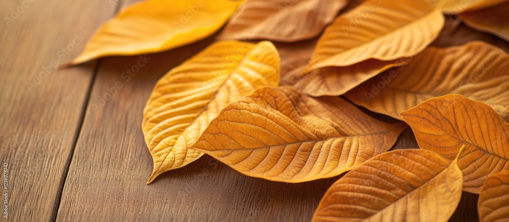 Aufkleber autumn leaves in warm tones lying on a wooden surface with detailed textures and patterns copy space