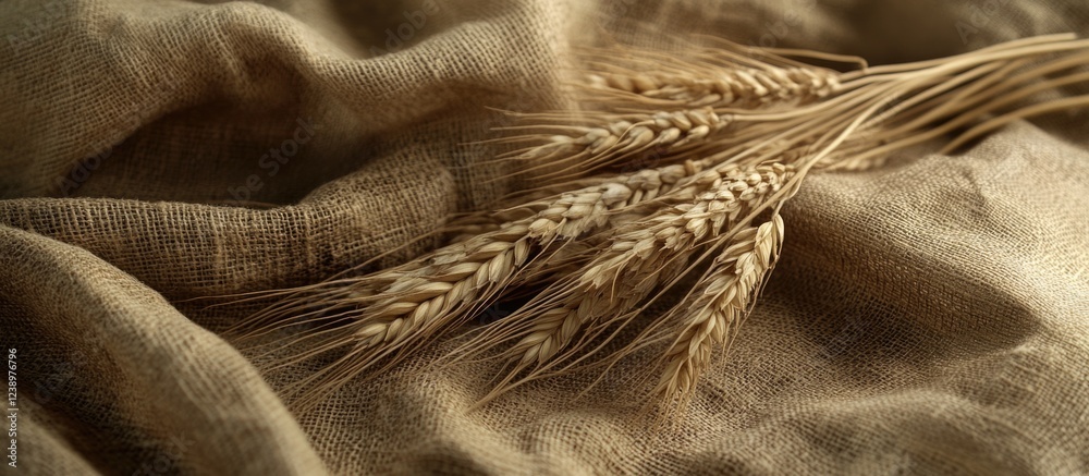 Poster Dried wheat stalks on textured burlap fabric background with natural lighting and copy space for text placement