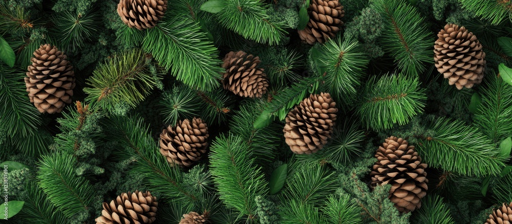 Poster pine cones and evergreen branches arranged on a green background with natural foliage copy space