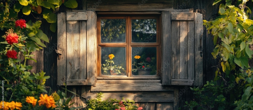 Poster wooden window with shutters surrounded by colorful flowers and greenery in a rustic setting showcasi