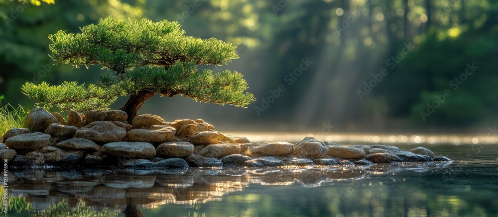 Aufkleber Bonsai tree on a rocky island in a tranquil lake with soft sunlight filtering through the trees reflecting on the water Copy Space