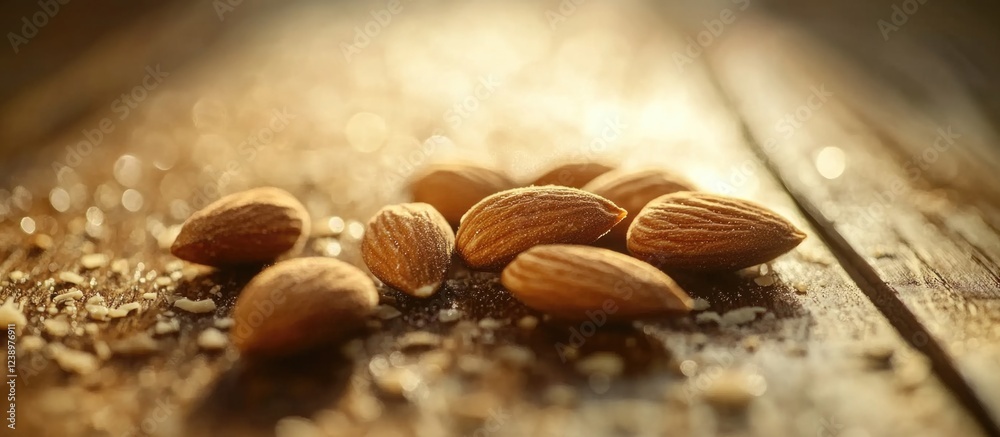 Poster almond nuts scattered on wooden surface with soft light highlighting their texture and natural color
