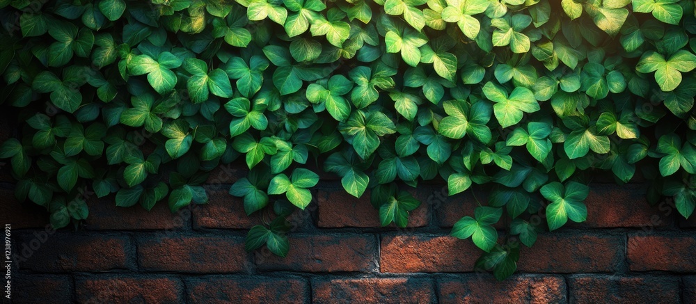 Poster Green ivy vines cascading over a rustic brick wall with natural light highlighting the leaves and creating a textured background Copy Space