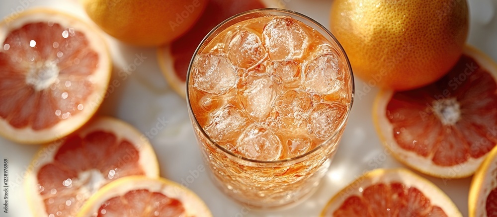 Aufkleber Refreshing grapefruit beverage in a glass filled with ice surrounded by sliced grapefruit fruit on a white background Copy Space