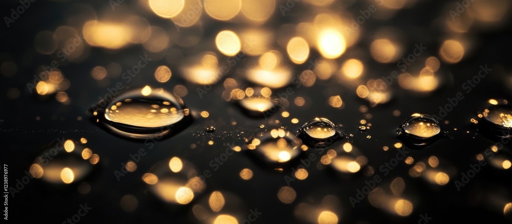 Poster Close-up of water droplets on a dark surface with golden bokeh lights in the background Copy Space