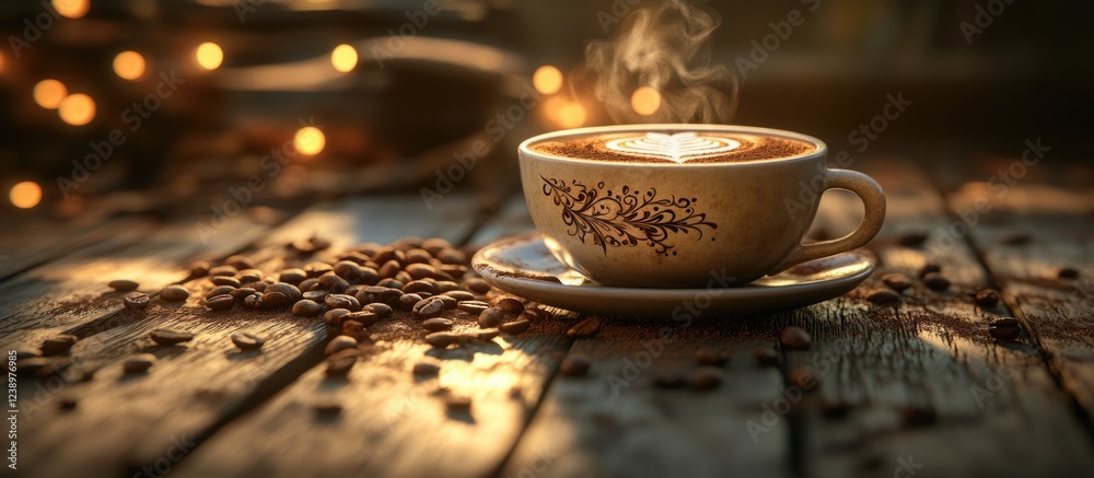Poster steaming coffee cup with latte art on wooden table surrounded by coffee beans and blurred fairy ligh