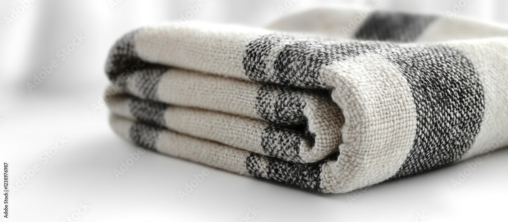 Aufkleber Folded wool blanket with black and white pattern on soft surface with blurred background and ample copy space for text placement