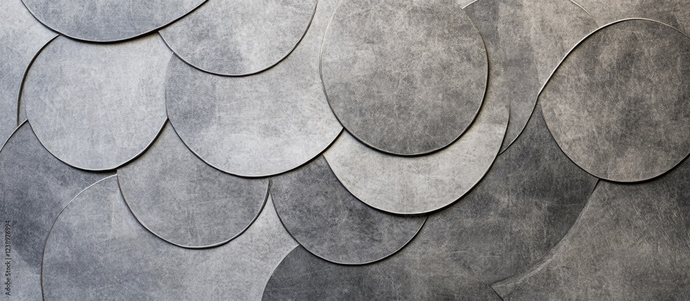 Aufkleber Abstract textured background with overlapping circular shapes in shades of gray, featuring a smooth and matte surface, Copy Space.