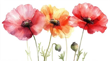 Fototapeta premium Three watercolor poppies in pink orange and red with green stems and seed pods on white background
